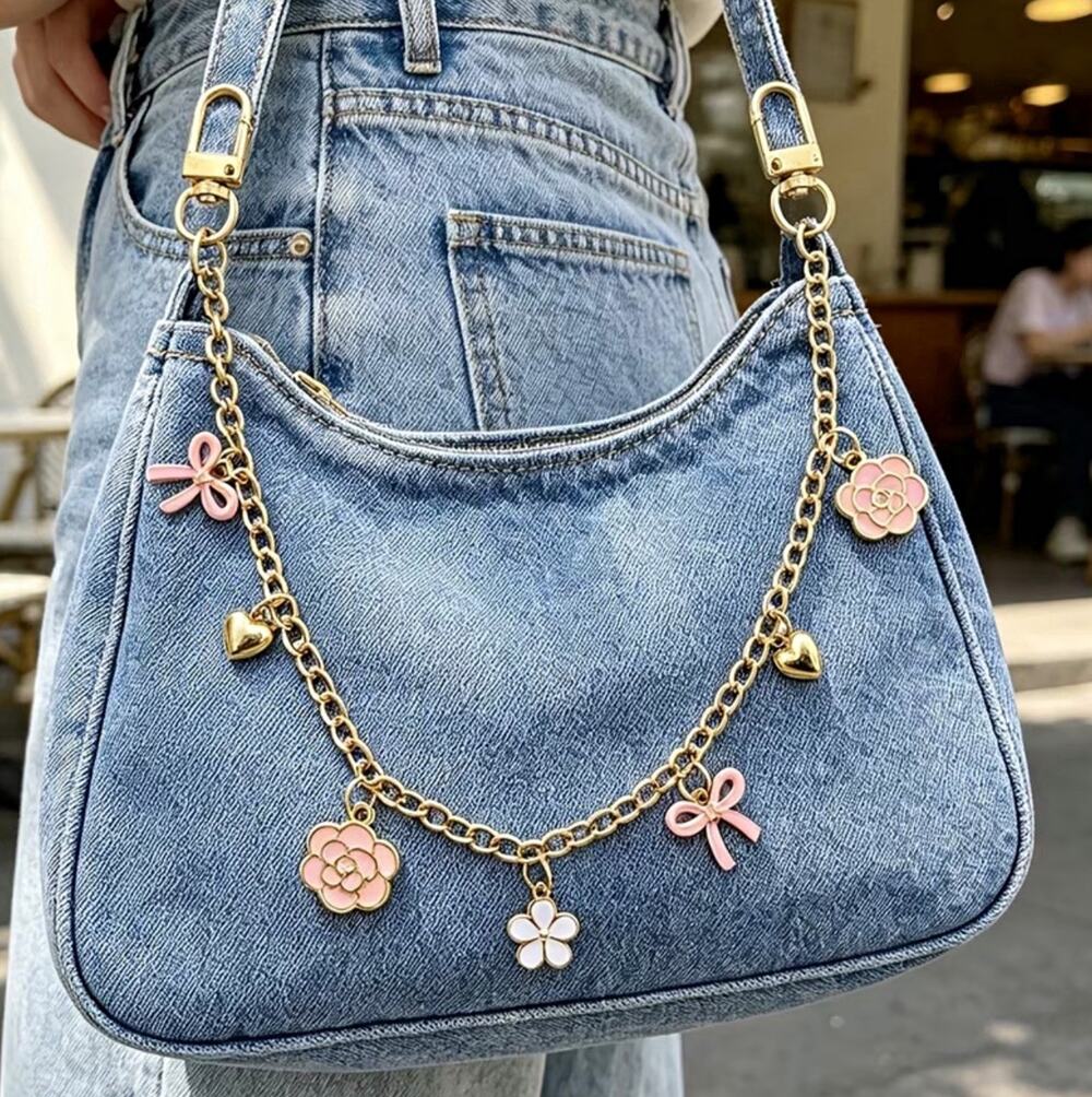 Gold & Pink Heart Flower Bow Detachable Handbag Chain Charm Strap Accessory